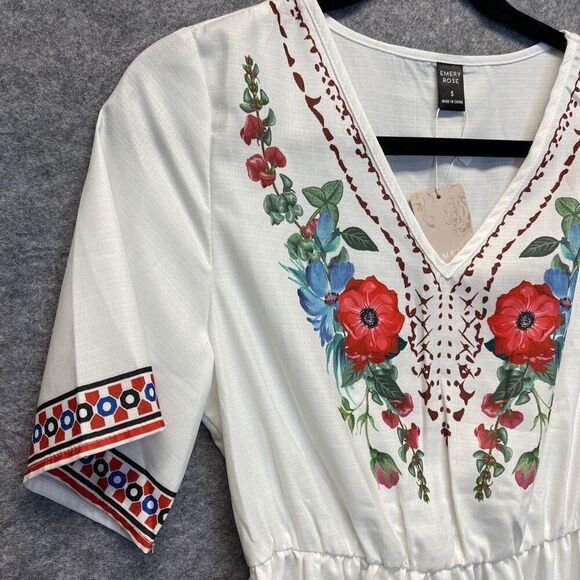 NWT Emery Rose Dress Women's Small White Floral Boho Short Sleeve A-Line V-Neck - Picture 15 of 16